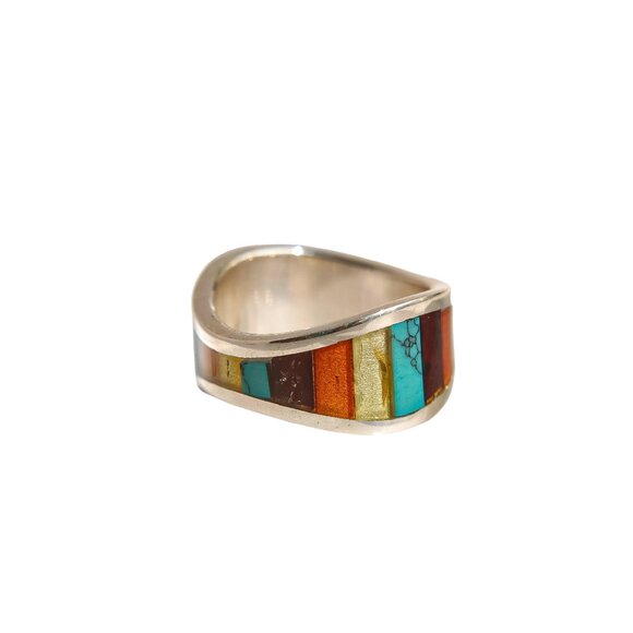 Baltic Amber and Turquoise Mosaic Ring in Sterling Silver - Picture 2 of 5